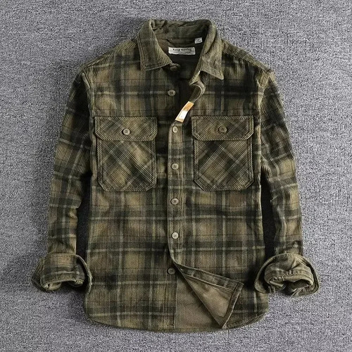 Camisa Retro A Cuadros Para Hombre, Pana, Ajuste Cómodo