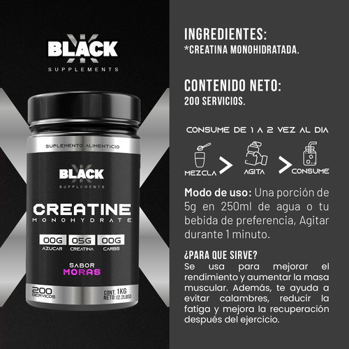 Black Supplements Creatina Monohidratada 1kg 200 Servs Moras