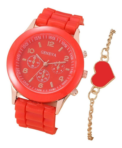 Reloj Pulsera Cuarzo Casual Moda Elegante Rojo Set 2 Pz