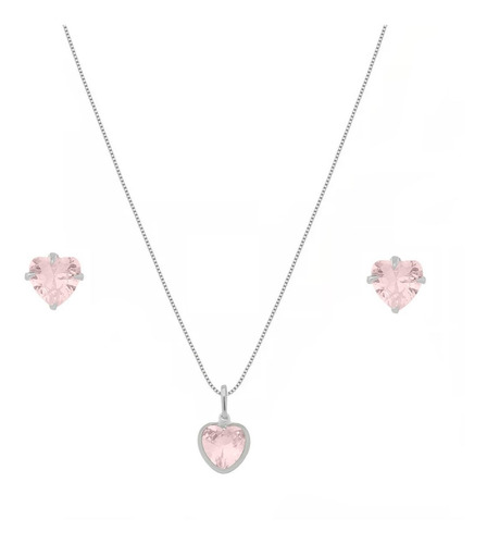 Conjunto Feminino Brinco E Colar Zircônia Rosa Coração Prata