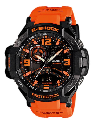 Reloj de pulsera Casio Gravitymaster GA-1000 de cuerpo color negro, analógico-digital, fondo negro, con correa de resina color naranja, agujas color blanco y negro y naranja, dial naranja, subesferas color naranja y negro, minutero/segundero naranja, bisel color negro, luz negro y hebilla doble