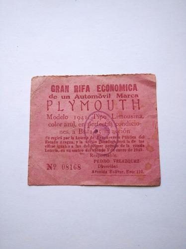 Ticket Sorteo 1948 Vehículo Plymouth 1941