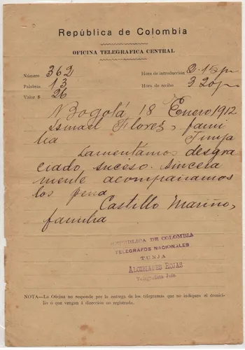 Telegrama De 1912 Telégrafos Nacionales Bogotá Tunja (Usado)