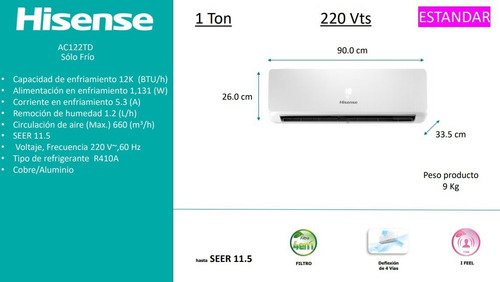 Minisplit Hisense 220v 1 Tonelada Ac122ck Solo Frio