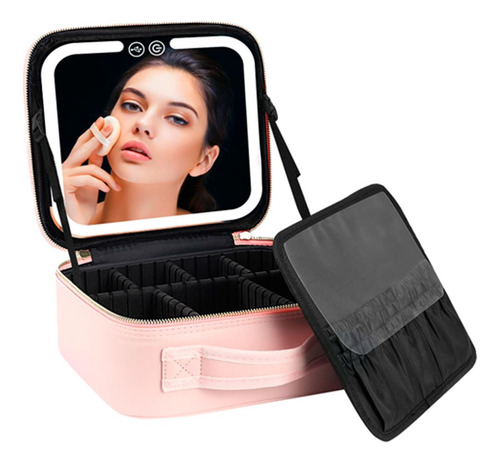 Porta Cosméticos Neceser Con Espejo Led Recargable Usb Rosa Lisa