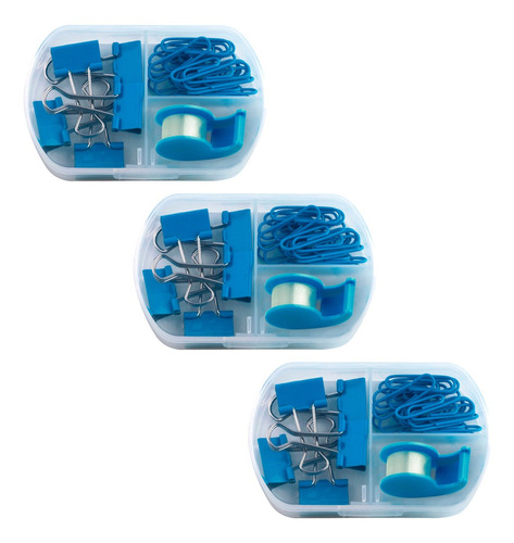 Pack De 3 Set De Papelería Incluye Clips Y Cinta Adhesiva Color Azul