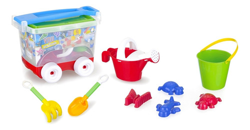 Kit de juguetes de playa con balde, regadera y carro para tirar