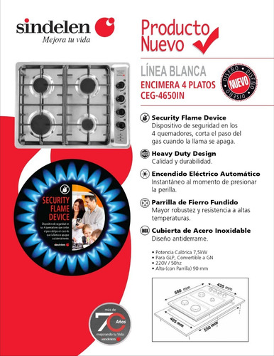 Imagen 4 de 8 de Encimera 4 Platos Sindelen Gas Seguridad Ceg-4650in