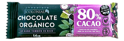 Chocolate Barra Organico Negro 80% Cacao Colonial 16 G X 50u