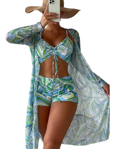 Bikini De Hilo Con Estampado Completo Y Kimono Playero