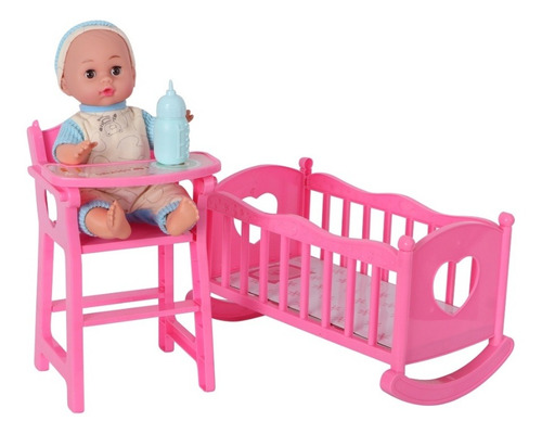Imagen 2 de 4 de Bebe 35 Cm C/sonido, Cuna Y Sillita De Comer - Muñeco