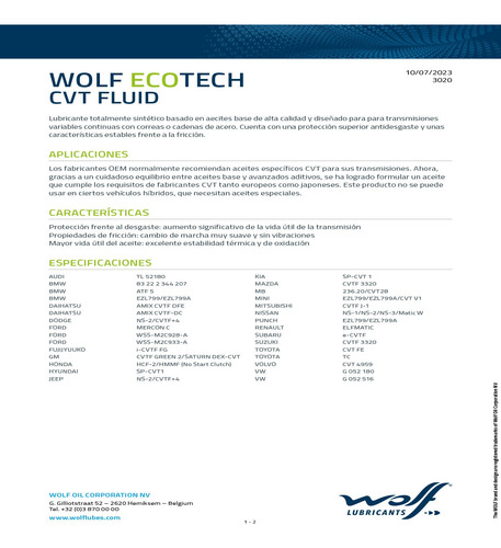 Aceite Wolf Ecotech Cvt Fluid - 1lt