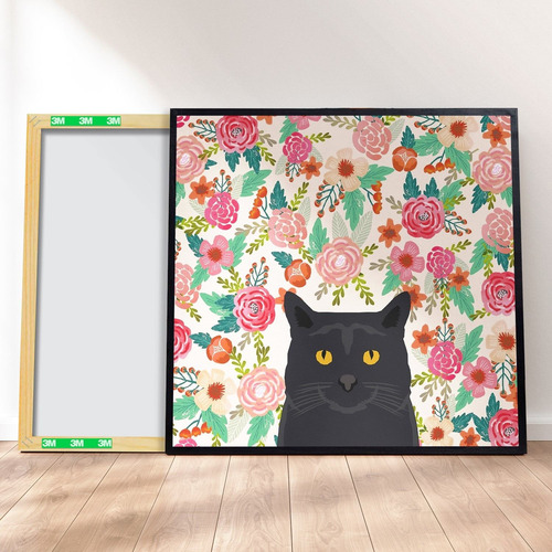 Imagem 1 de 4 de Quadro Decorativo 40x40 - Linha Pet Gato Preto Floral