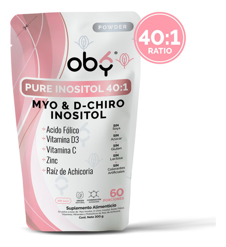 Oby Inositol Puro 40:1 Myo Y D-chiro + Vitaminas Polvo 300 G Sabor Sin sabor