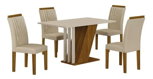 Conjunto Sala de Jantar com 4 Cadeiras Miami Freijo/OffWhite/Palha