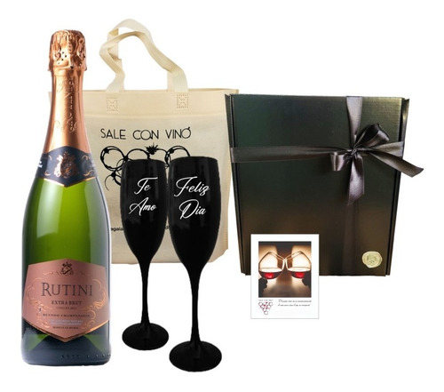 Box Champagne Rutini Extra Brut 2 Copas Negras Regalo Caja 