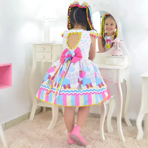 Kit Vestido Festa Junina Quadrilha Tule Rosa 2 La o Cabelo