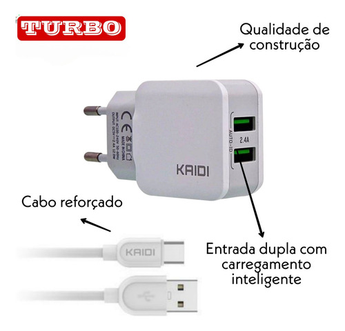 Carregador De Tomada Original Turbo Kaidi Compatível iPhone Cor Preto