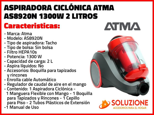 Aspiradora Atma Ciclónica 1300w Sin Bolsa As8920n 2l 220v | Envío gratis