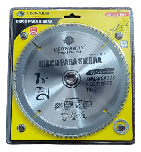 Disco Sierra Para Madera 7 1/4 (85 Mm) 80 Dientes 8000 Rpm