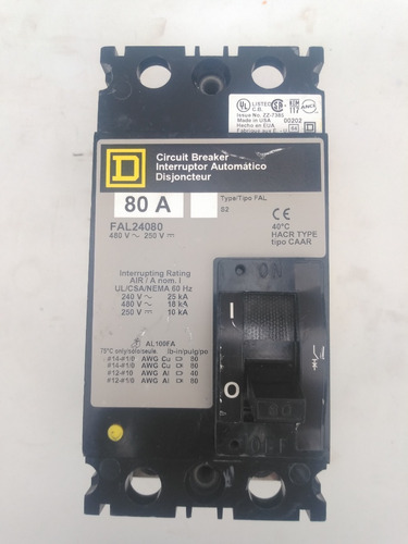 Interruptor Termomagnetico Square D Fal24080 2 Polos 80 A