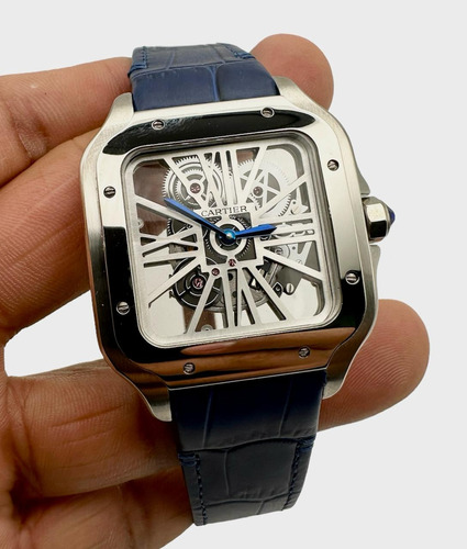 Reloj Premium Santos Esqueleto Piel Azul Cuarzo (Reacondicionado)