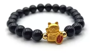 Pulsera Feng Shui Maneki Neko Y Obsidiana Original.