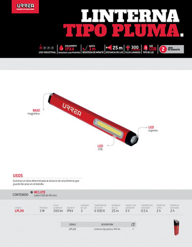 Linterna Lampara Tipo Pluma 300 Lm Base Magnetica Urrea Color de la linterna Rojo Color de la luz Rojo