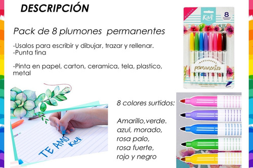 Kiut 8 Marcadores Permanentes Finos Plumones Colores Surtids