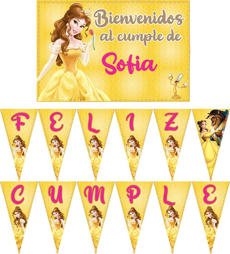 La Bella Y La Bestia Cartel Y Banderín Decoracion Cumpleaños
