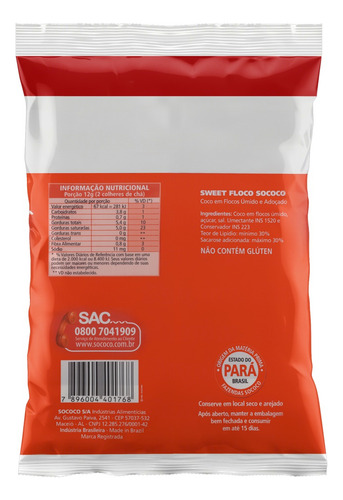 Coco Ralado Úmido Adoçado Em Flocos Sococo Sweet Floco Pacote 1kg
