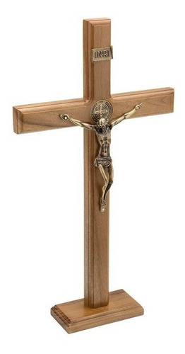Crucifixo Com Medalha São Bento Para Parede Ou Mesa - 40cm Cor Marrom