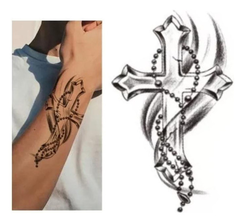 Tatuaje temporal de cruz y rosario de religión católica de 10x8 cm