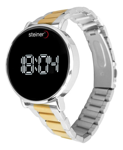 Reloj Digital Touch Steiner Para Dama Brazalete Acero Inox Correa Dorado Bisel Plateado Fondo Negro