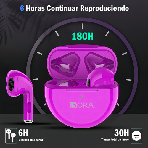 Fones de ouvido intra-auriculares sem fio Bluetooth 5.3 Aut119 de 1 hora, cor magenta