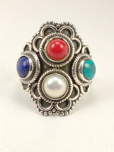 Anillo Perla Coral Lapislazuli Turquesa Plata Talla 8.5