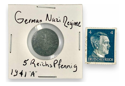 Estampilla D Hitler + Moneda 5 Pfennig 1941 Swastika Alemán