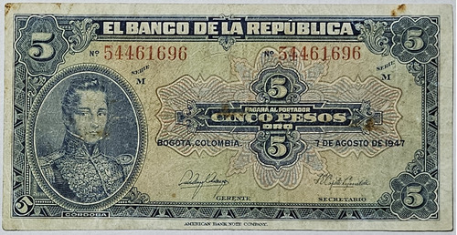 Billete 5 Pesos 07/ago/1947 Colombia Vf