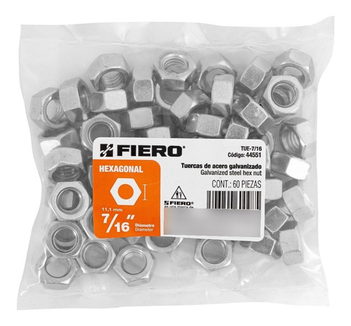 Bolsa C/60 Tuercas 7/16 Hexagonales Acero Galvanizado Fiero