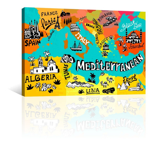 Cuadro Decorativo Canvas Mapas Del Mundo Mediterraneo Dibujo