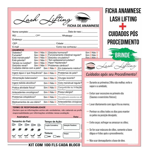 Ficha Anamnese Lash Lifting Brow Lamination +brinde Cuidados