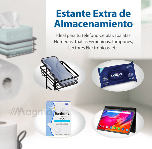 Magma Life Porta Rollos de Papel de Baño Metálico: Elegante Soporte para Papel Higiénico en Color Negro, con Espacio para el Teléfono Celular, ¡Utilidad y Comodidad para tu Baño!