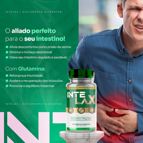 Suplemento Tratamento Natural INTELAX Auxilia Funcionamento Intestino Preso Ressecado Inflamado Gases Abdominais Regula Desinflama Indigestão Desintoxica Prebiótico Probiótico Fibras 60cáps Sem Sabor