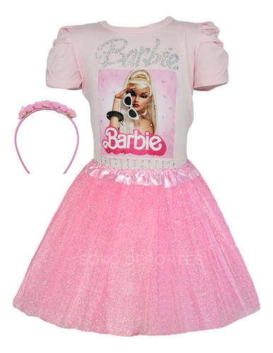  Set Tutu Glitter + Remera Barbie + Vincha