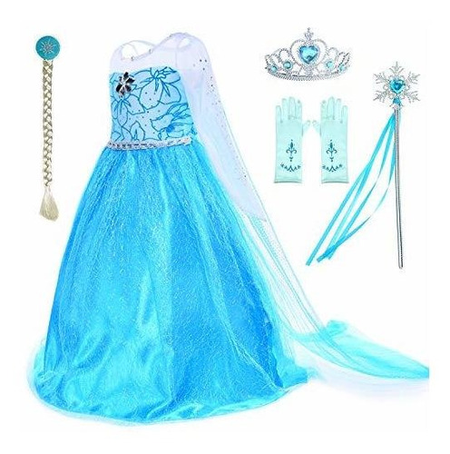 Disfraz Princess Elsa Para Niñas Con Corona, Maza, Guantes