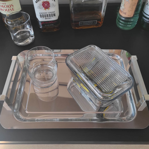 Bandeja Inox Retangular Pequena Com Alças Servir 36x25,5cm
