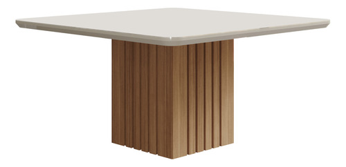 Mesa De Jantar Quadrada Com Tampo De Vidro E Mdf Base No Centro Ripado Ana 1,30x1,30 - Madeira Nature/off White