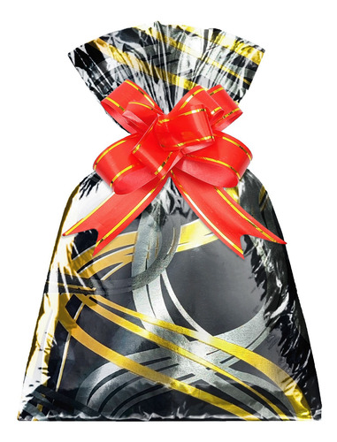 50 Unidades - Saco De Presente 30x44cm Ondas Preta Ouro