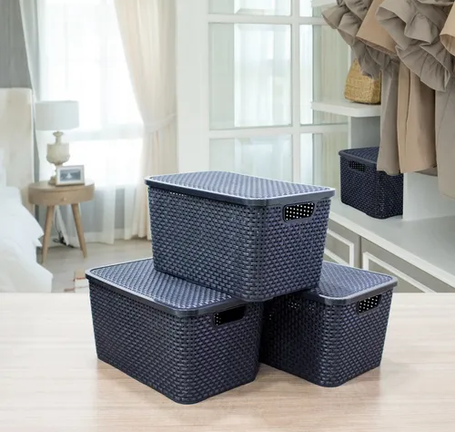 Caja Cesto Canasto Organizador Rattan 20lts Tapa - Negro