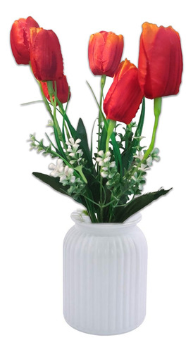 7 Tulipanes Flor Artificial Con Follaje Ramo Decorativo 